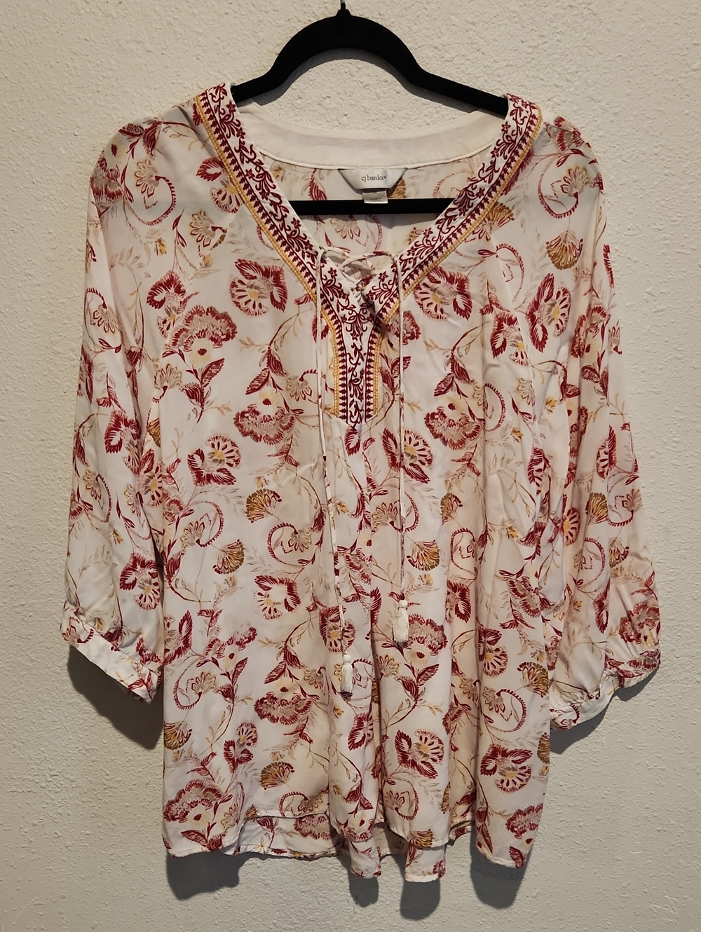 CJ Banks Embroidered Boho Peasant Blouse Sz 1X Lace-Up